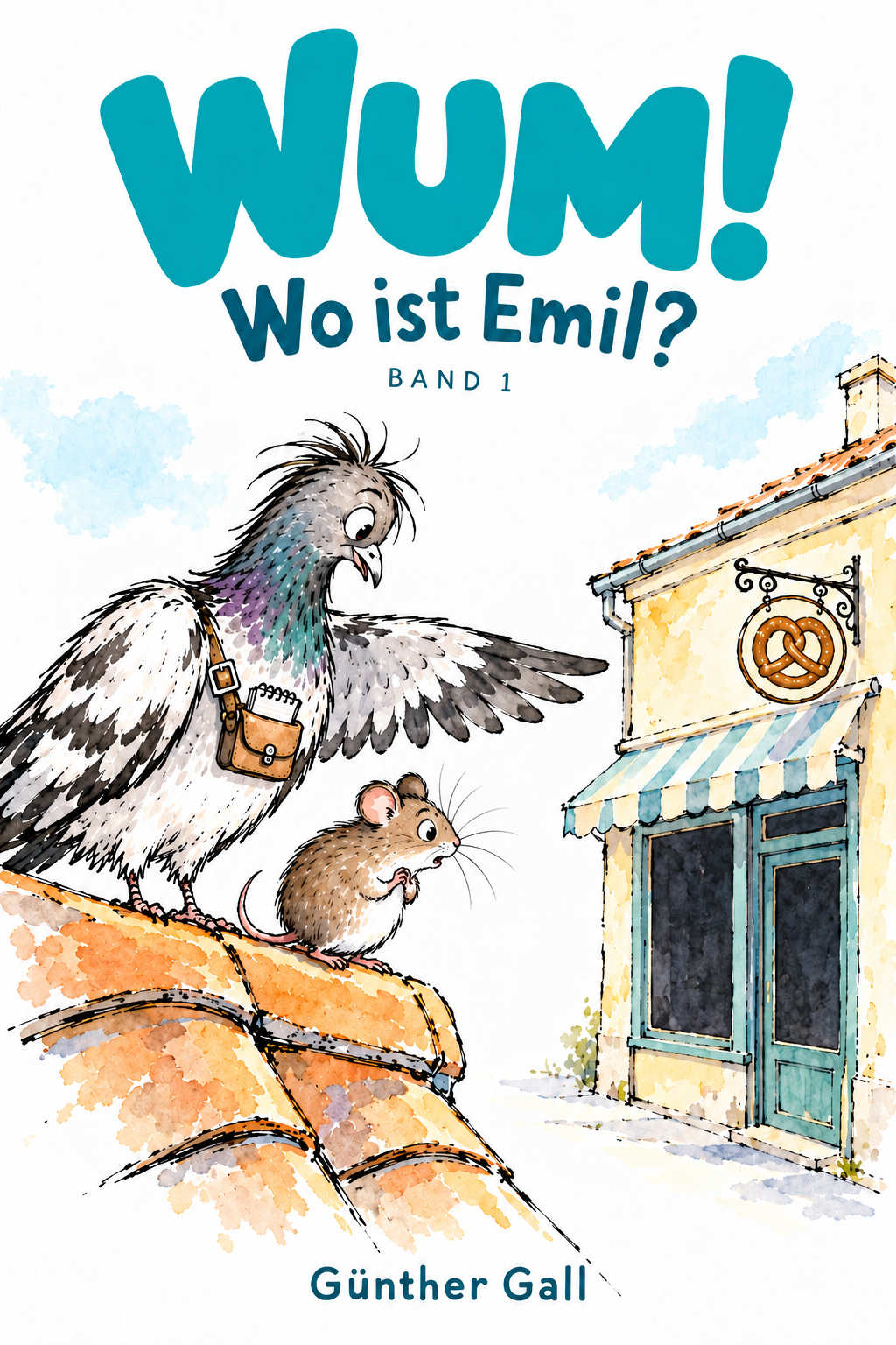 Cover B: Tuschezeichnung mit Taube und Maus vor einer Bäckerei