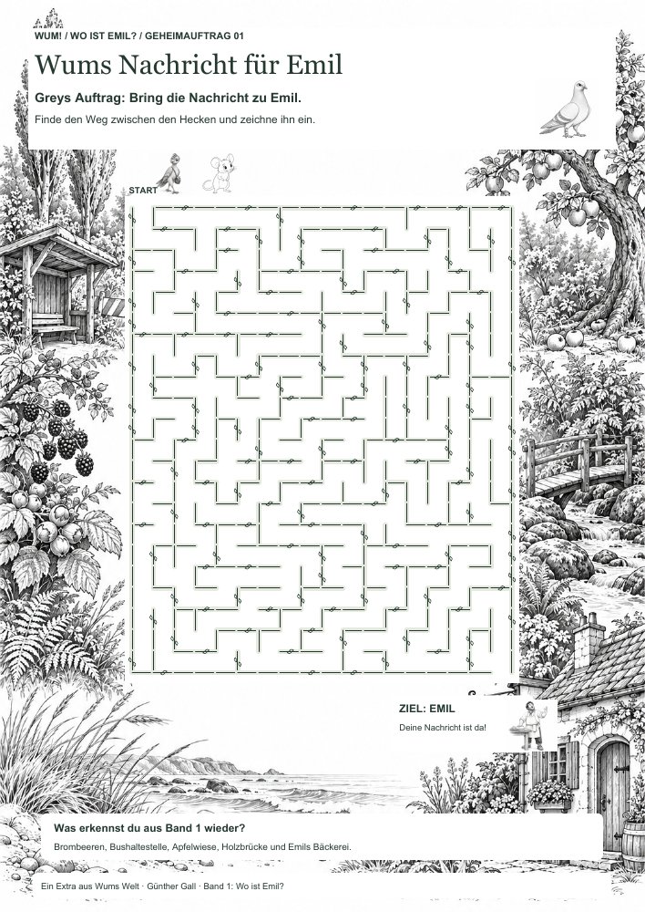Wums Labyrinth, umgeben von Brombeerhecken, Bäumen, Bushaltestelle, Holzbrücke und Emils Bäckerei aus Band 1.